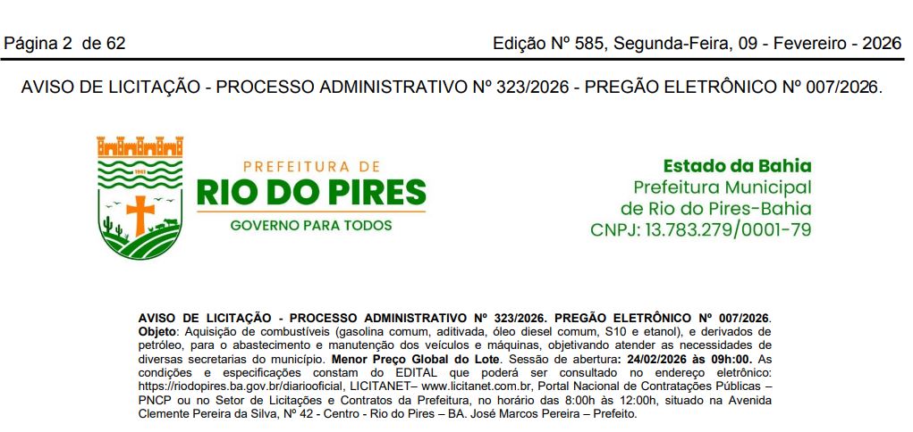 Prefeitura de Rio do Pires abre licitação de R$ 4,4 milhões para combustíveis 1 Prefeitura de Rio do Pires,4 milhões para combustíveis