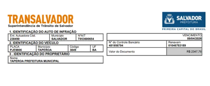 Secretário de Taperoá,autuado em Salvador,carro oficial,Taperoá