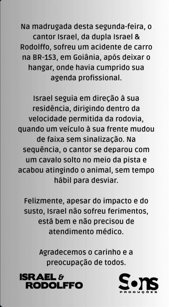 Cantor Israel,da dupla com Rodolffo,sofre acidente após atropelar cavalo
