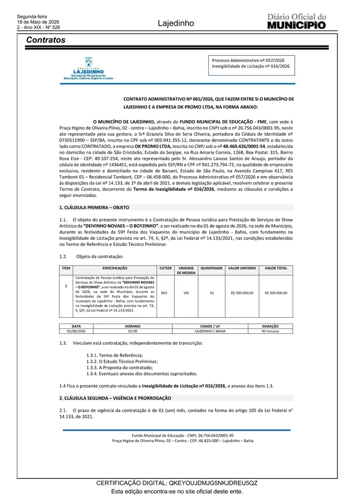 Lajedinho,Fundo Municipal de Educação,contratar shows,59ª Festa do Vaqueiro