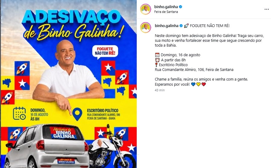 Mesmo preso e sem registro, Binho Galinha convoca adesivaço de campanha na Bahia 1 Binho Galinha,convoca adesivaço